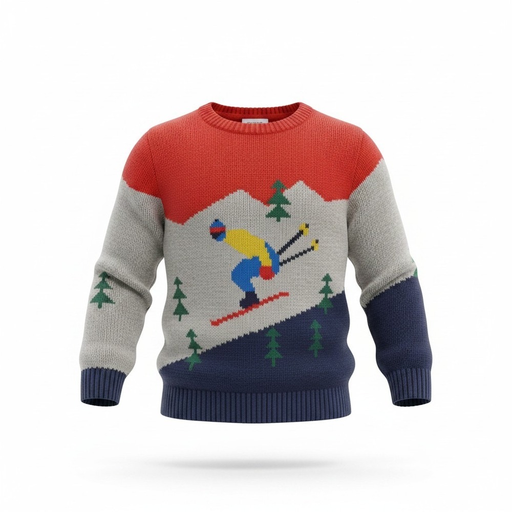 Hanna Andersson Skiing Skier Sweater Kids 4 Red Gray Navy Blue Graphic Knit